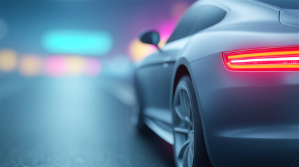 Obraz premium Modern sports car driving fast on city road at night with motion blur lights, concept of speed, technology and urban lifestyle.