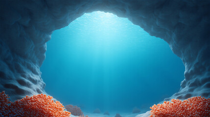 Underwater cave with sunlight rays shining through blue water, concept of mystery, exploration and natural beauty.