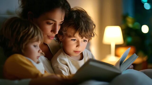 Parents reading bedtime story to children, soft warm light from lamp, cozy bedroom, family bonding, childhood happiness, emotional warmth, bedtime ritual, parenting love, peaceful