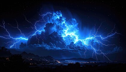 Obraz premium Dramatic Storm over Cityscape: A breathtaking panorama of nature's raw power unfolds as a colossal storm unleashes a symphony of lightning strikes above a silhouetted city at twilight.