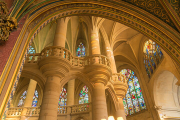 Interior of the Church of Saint-Etienne-du-Mont in Paris with Gothic columns and Renaissance vaults in a heritage setting
