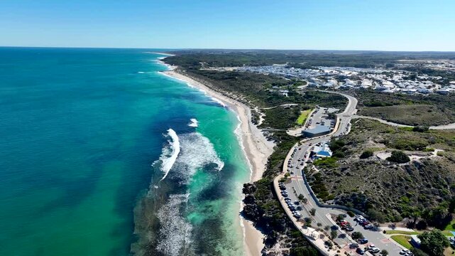 Aerial view of the stunning Lancelin coastline, where turquoise waters meet sandy beaches and coastal roads, Lancelin, Western Australia, Australia.