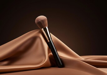 Makeup brush resting on luxurious silk fabric against a dark brown backdrop