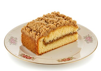 Delicious crumb cake slice on decorative plate isolated against white background