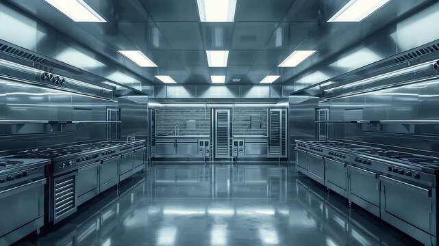 Sterile Stainless Steel Laboratory with Overhead Lights and Reflective Floor