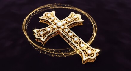 Golden cross with intricate details for Christian faith, shining brilliantly on a dark background. Golden cross, embellished with pearl-like accents, symbolizes belief and divinity,