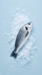 Obraz premium Fresh sea bass on crushed ice, minimalist top view