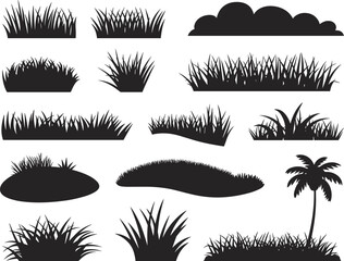 Flat vector silhouette set of grass, bushes, and palm tree, black tropical vegetation shapes isolated for nature, landscape, design use © MD