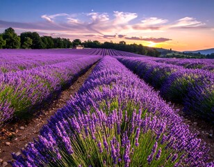 Naklejka premium Purple lavender fields stretch toward the sunset under a beautiful sky