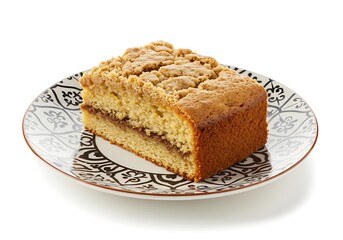 Delicious crumb cake slice on patterned plate isolated against white background