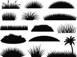 Flat vector silhouette set of grass clumps and one palm tree, black isolated botanical shapes for nature, landscape, design, illustration © MD