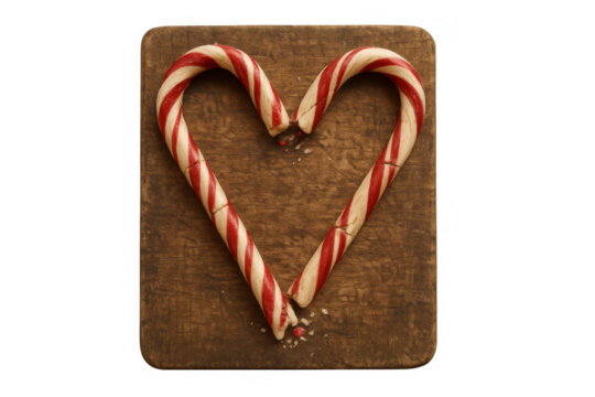 Broken candy cane heart on a wooden board, symbolizing heartbreak, relationship problems, and holiday sadness with transparent background