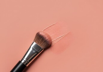 Makeup brush with liquid foundation on peach background