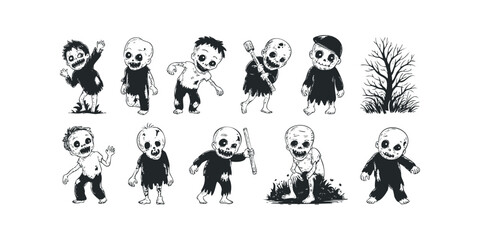 Group of cartoon zombies with torn clothes and spooky expressions