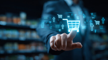 Ecommerce digital shopping cart touch futuristic retail concept with glowing icons