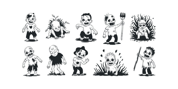 Collection of cute zombie children characters for spooky Halloween theme