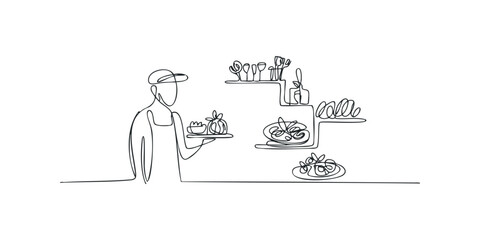 Obraz premium Chef serving food on a tray with kitchen shelves in the background