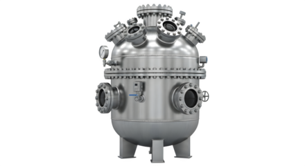 Stainless steel pressure vessel isolated on transparent background for industrial use