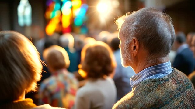 People gathered at religious service, sunlight through stained glass, reverence and peace, spiritual connection, community faith, unity and hope, shared belief, emotional harmony,