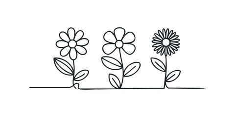 Three simple line art flowers growing from a continuous line
