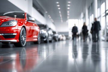 Bright red luxury car displayed in spacious modern showroom with sleek reflective floors and silhouetted businesspeople walking in background