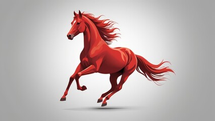 Running red horse galloping on neutral background. Flowing mane, lifted hooves and muscular form convey speed, energy and freedom