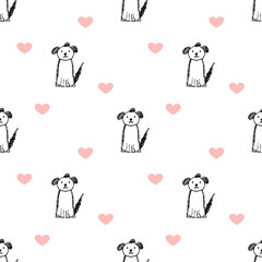 Seamless pattern with lineart dog and pastel hearts, white background, Valentine day illustration.