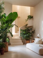 Minimalist living room interior with plants and staircase