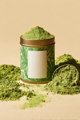 Matcha green tea powder in tin container with scoop
