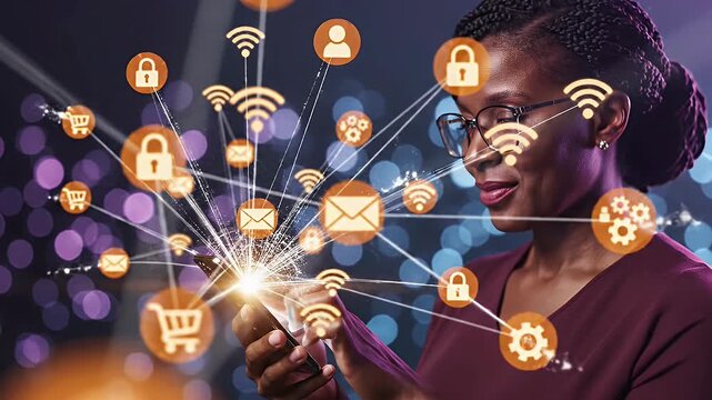 Woman Interacting With Digital Network Icons On Smartphone Against Blurred Background - Powered by Adobe