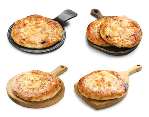 Delicious Megrelian khachapuri isolated on white, set