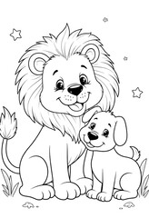 magical cute lion and small puppy in white and back background