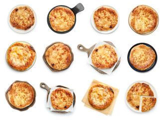 Delicious Megrelian khachapuri isolated on white, set. Top view