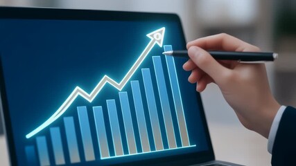Rising bar graph laptop screen with hand holding pen pointing growth trend business financial success data analysis upward trend professional - Powered by Adobe