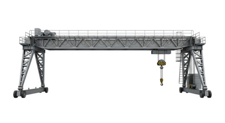 Gray gantry crane isolated on transparent background for industrial applications