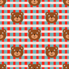 Seamless pattern with cute bear head on checkered background, kids geometric illustration.