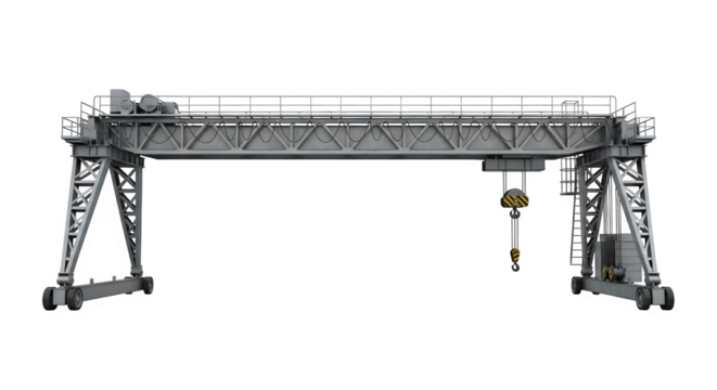 Gray gantry crane isolated on transparent background for industrial applications