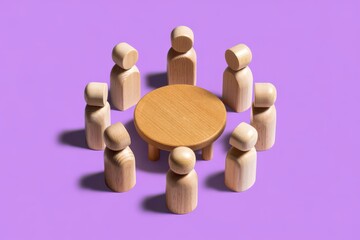 Obraz premium Wooden figures seated around a circular table, symbolizing discussion and teamwork