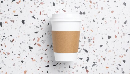 White Paper Coffee Cup with Brown Sleeve on Terrazzo Background