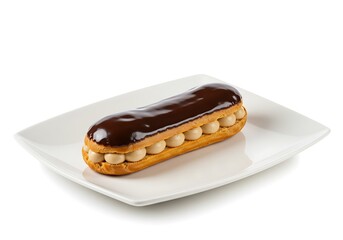 Delicious eclair dessert on white plate isolated against a clean background