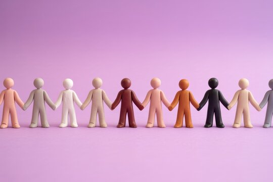 Diverse group of people holding hands in unity against a soft purple background
