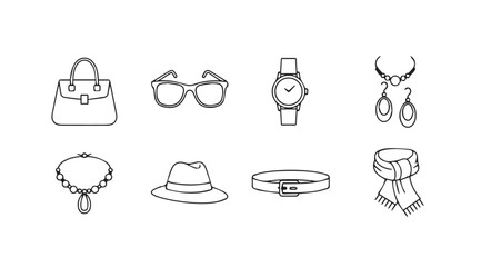Collection of elegant fashion accessories including handbag glasses watch necklace and scarf vector