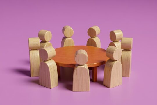 3D rendering of wooden figures around a circular table on a purple background