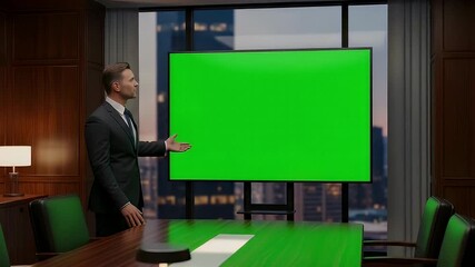 Businessman presenting to green screen display in office presentation room