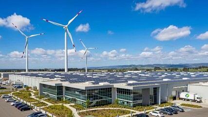 Modern distribution center powered by solar panels and wind turbines showing commitment to sustainability and renewable energy solutions - Powered by Adobe