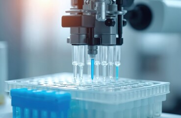 Automated pipetting robot dispenses blue liquid into laboratory test plate. High tech machine works in clean medical facility. Research, science, and medical lab automation.