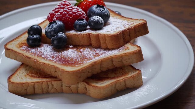 Stacked french toast topped with berry and sugar on white plate showing blueberry raspberry strawberry arrangement and golden toast layers for breakfast offering sweet stack on wooden table closeup