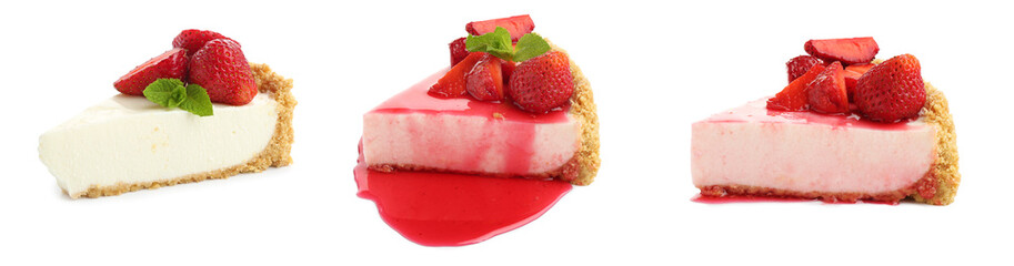 Piece of delicious cheesecake with strawberries isolated on white, set