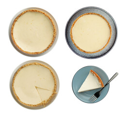 Delicious cheesecakes isolated on white, collage. Top view