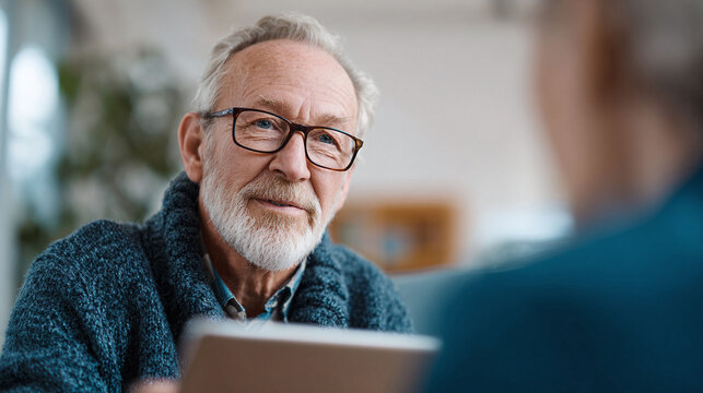 Engaging portrait of a senior man with glasses listening attentively to someone out of frame. Represents wisdom, experience, communication, and empathy. Perfect for healthcare or finance.